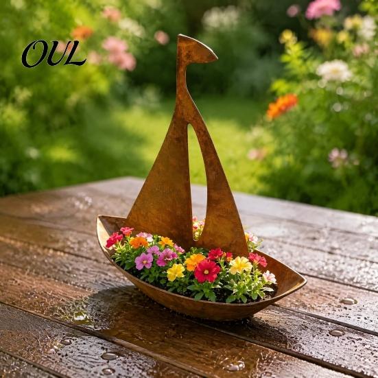 Nautical Style Garden Decor Rustic Iron Sailboat Planter, Metal Flowerpot for Succulents Herbs, Artistic Yard Flower Pot 3D Boat Shaped Container