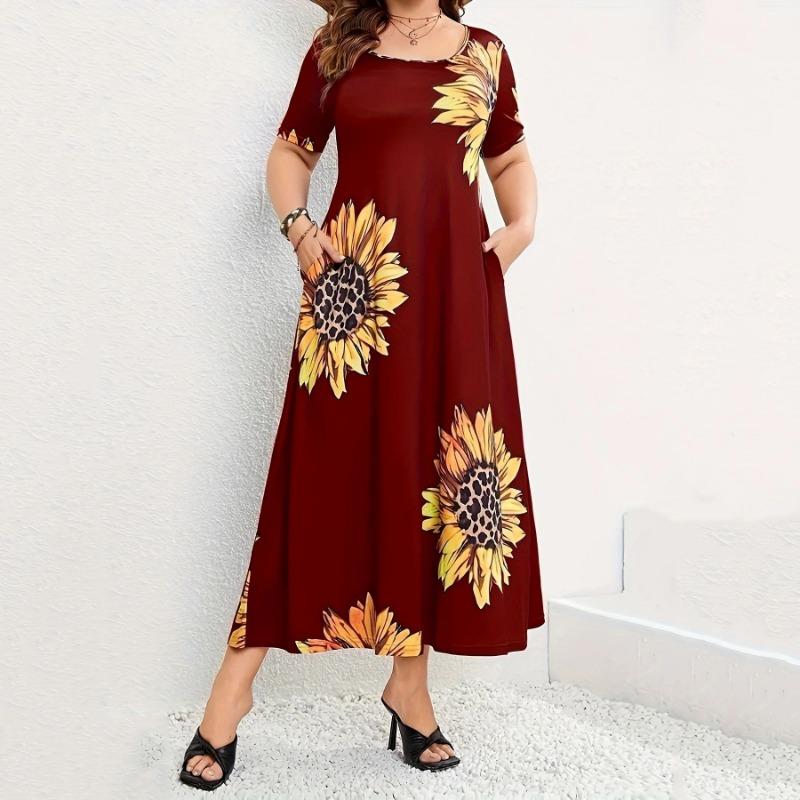 Dress Sunflower Printed Loose Long Short Sleeve Summer Dresses