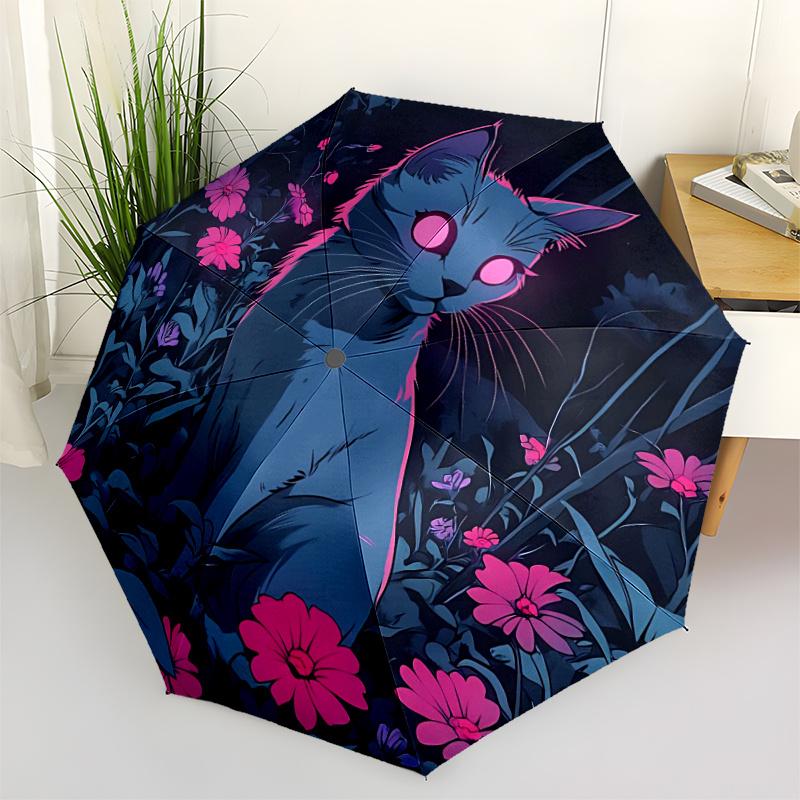 1pc Neon Cat Midnight Flowers Automatic Open/close Umbrella, 8-Rib sturdy structure, Portable Travel Umbrella, Parties, Everyday Use,23