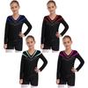 Girls Dance Sport Leotard V Neck Rhinestone Embellished Long Sleeve Contrast Color with V-Front Shorts for Practice Competition