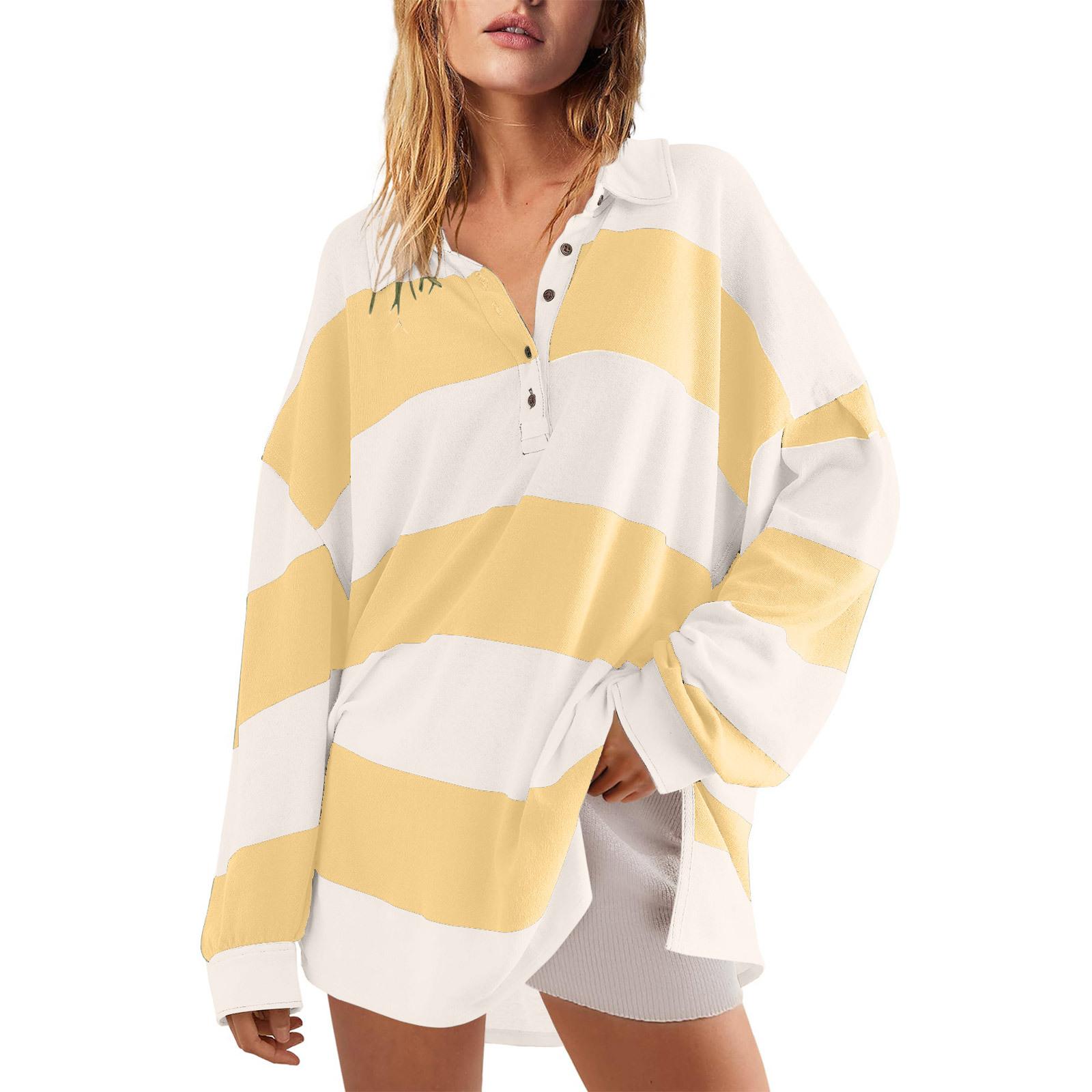 

Женский модный полосатый пуловер с лацканами и длинными рукавами, спортивный повседневный топ-свитшот XL жёлтый