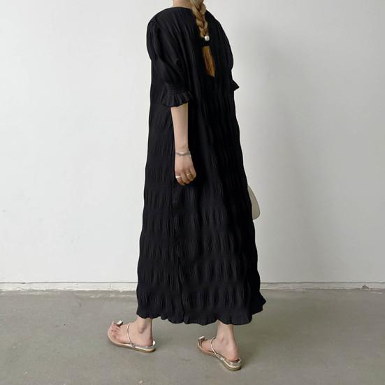 Lady Summer Dress Short Lantern Sleeves Chiffon Textured Loose Patchwork Ruffle Solid