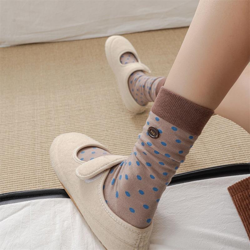 Ladies Spring and Autumn Retro Polka Dot Striped Buttons Color Collision Cylinder Stack Socks