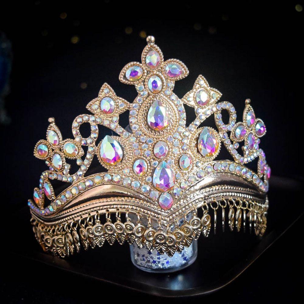 Gold Princess Hair Tiara Shiny Rhinestone Crown Luxury Ethnic Dance Crown Wedding