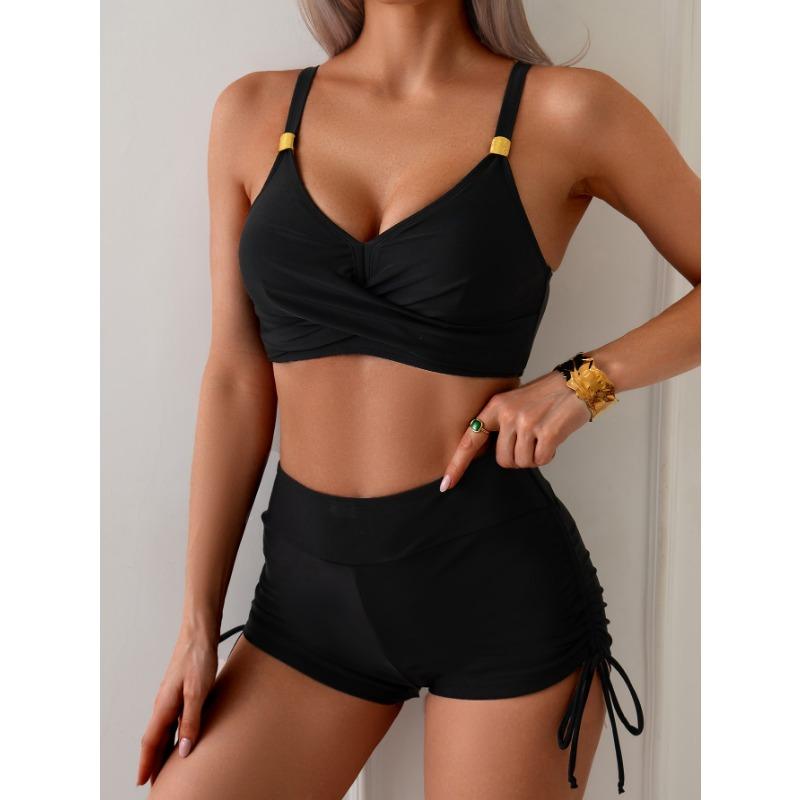 

Женские новые однотонные трусы-боксеры Push Up с высокой талией и завязками, бикини, двухсекционный купальник L