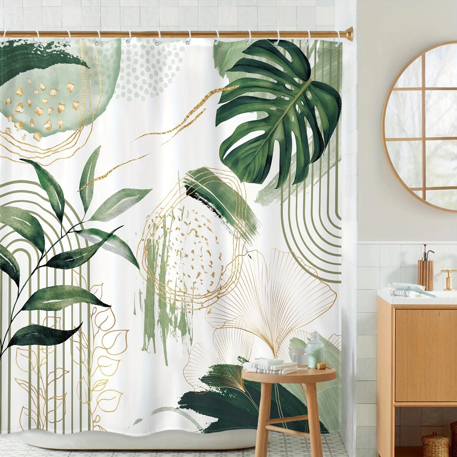 

Штора Бохо Шафраново-Зеленая - Абстрактный Тропический и Геометрический Дизайн, Полиэстер, 71x71 дюйм, 12 Крючков, Современная Ванная W90xH180cm