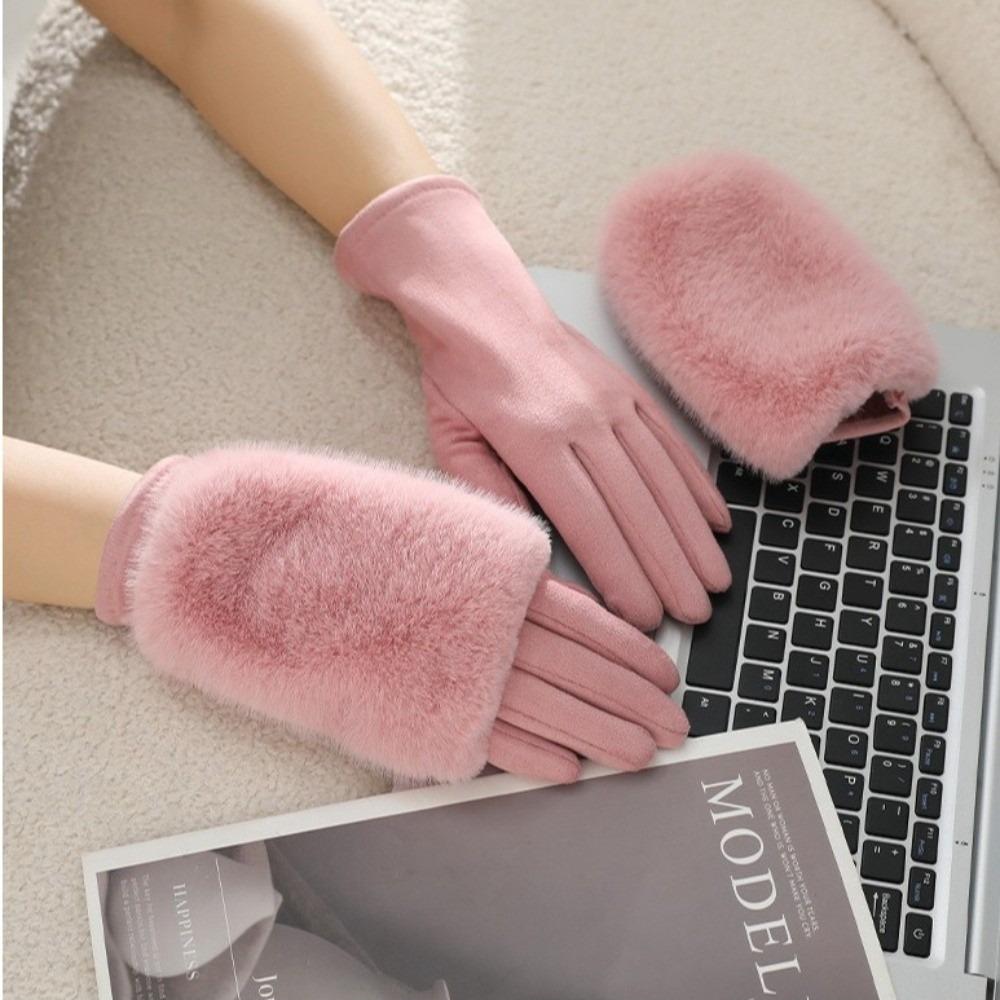Thickened Suede Touch Screen Gloves Detachable Lining Riding Gloves Faux Fur Gloves for Women