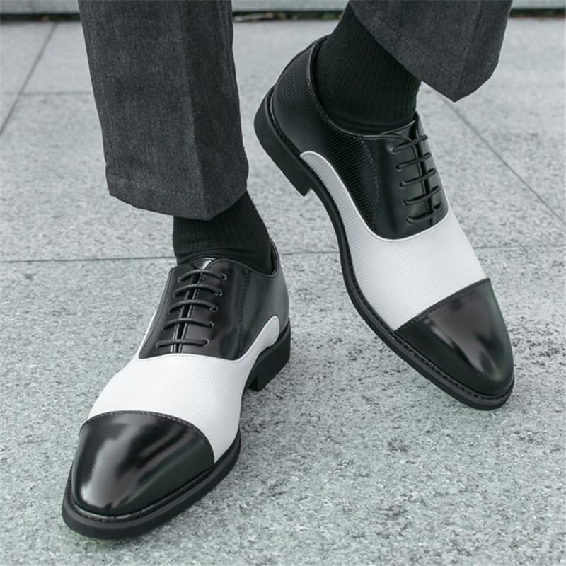 Moda Moda Nowe Męskie Szpiczaste Czarne Z Białym Patchworkiem Casualowe Oksfordy Męskie Wieczorowa Sukienka Powrót do Domu Formalne Ślubne Obuwie