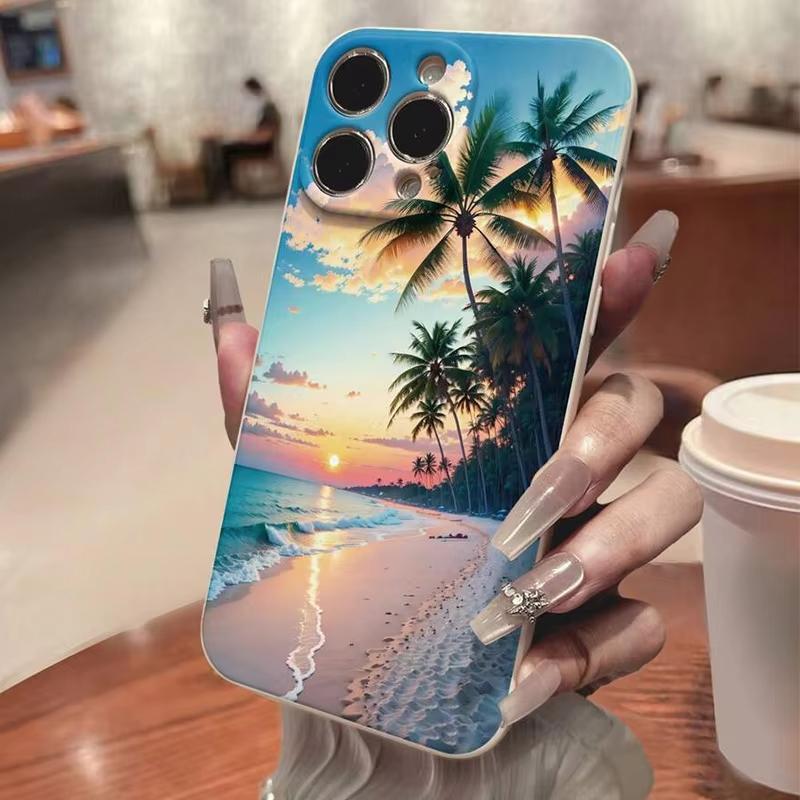 Beach Sunset Palm Tree Painted Soft Phone Case For iPhone 16E 15 16 14 13 12 11 Pro Max XS XR Max 7 8 16 Plus Shockproof Cover