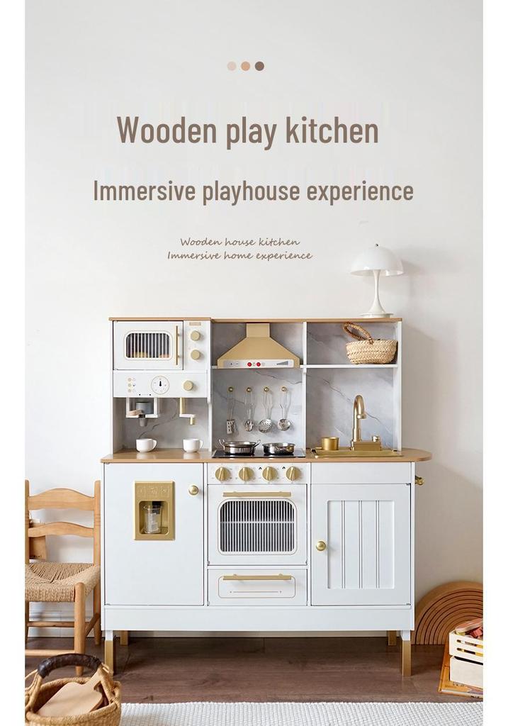 Children's Wooden Play Kitchen Toy Set: Golden Cooking Utensils & Accessories, Perfect Birthday Gift for Girls