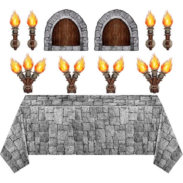 Zonon 11 Pcs Medieval Scene Setter Set Window Torch Props Plastic Brick Tablecloth Knight Themed Castle Decorations Medieval Party Decorations for