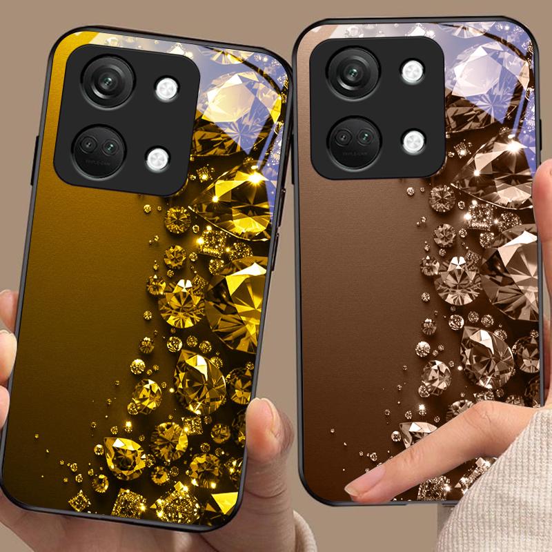 Full Diamonds For OnePlus Nord 3 5 6T 7 Pro 8 12 10T Reno8 Lite 5G 10R Nord N30 Hard Shell Tempered Glass Phone Case Black