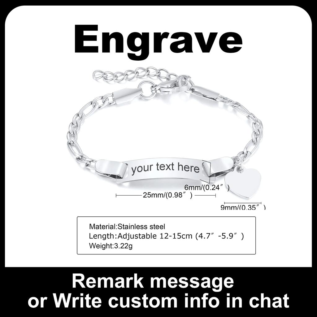 Bracelet Cœur Personnalisé pour Petite Fille Garçon, Bracelet à Identité Nom Gravable, Chaîne en Acier Inoxydable Personnalisée Cadeau d'Anniversaire