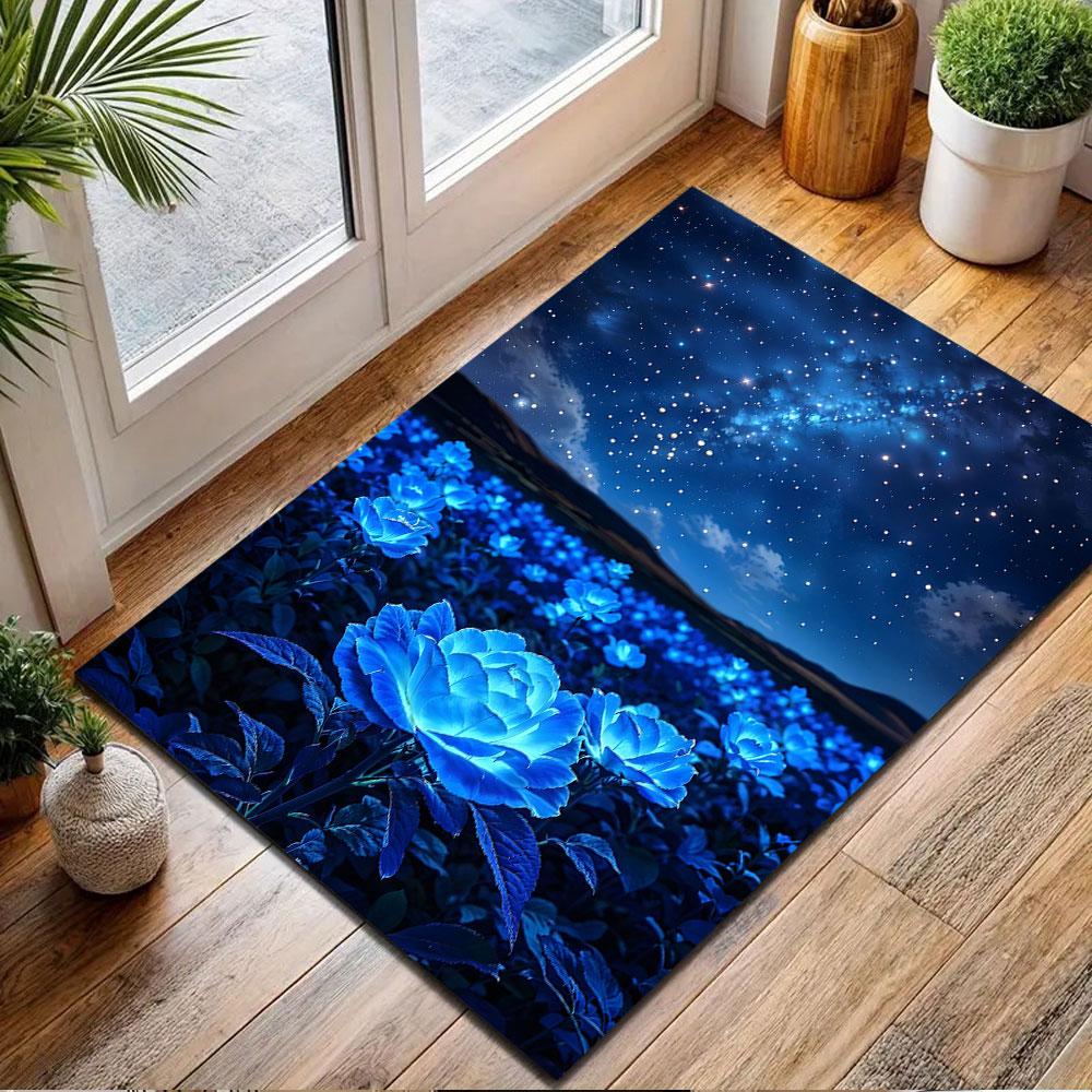 Starry Night Over Blue Roses Patterned carpet, non slip mat suitable for living room and bedroom sofas