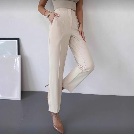 Women Pants Slim-Fit Straight Leg Nine-Point Length High Waist Tapered Dress Trousers with Pockets Business Casual Trousers