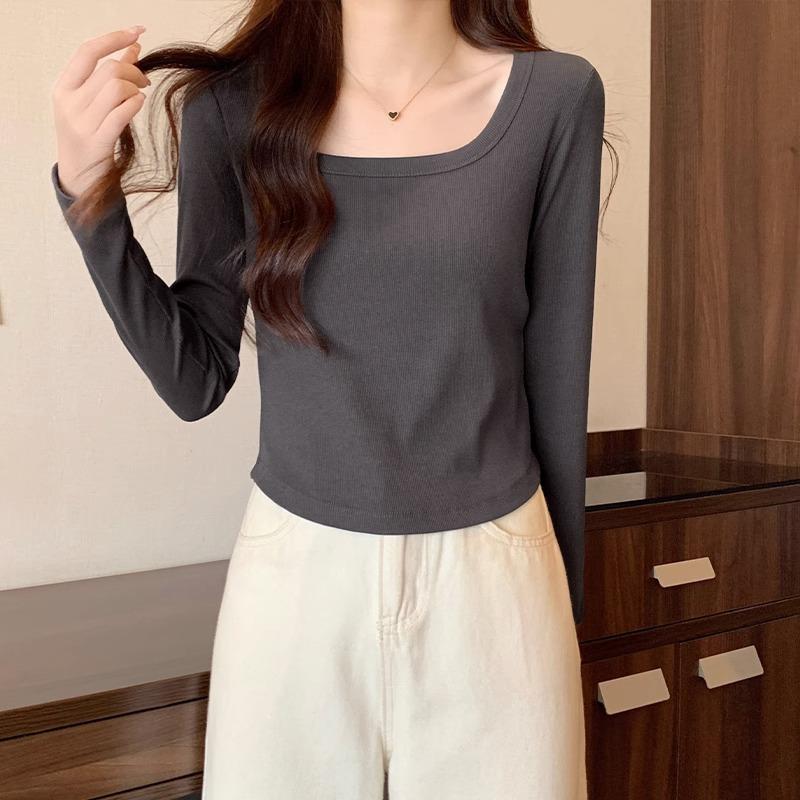 Curved hem square neck long-sleeved T-shirt for women in autumn new hot girl slimming short style layered with clothes