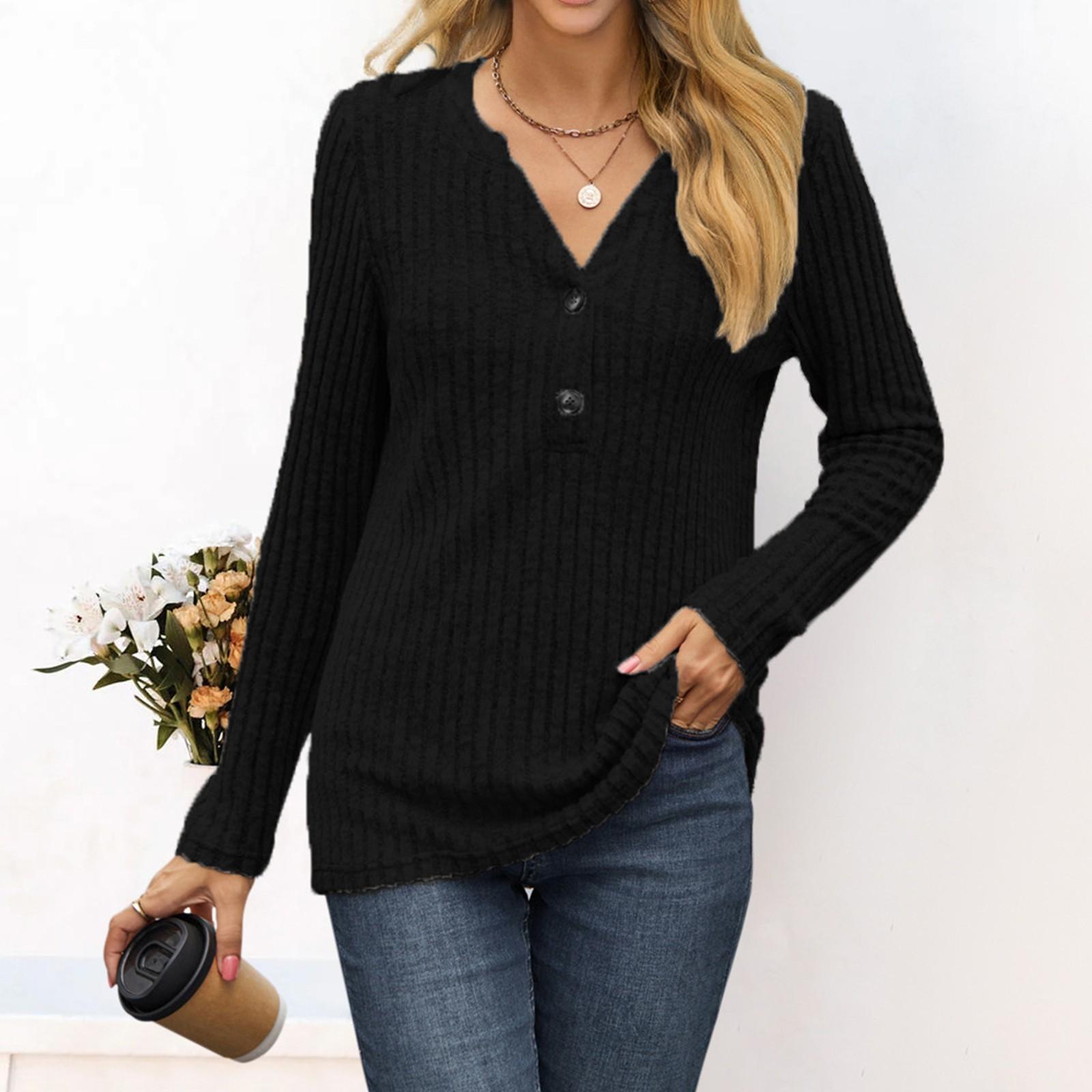 

Women s Fashion Solid Color Long Sleeve Button Pullover V Neck Casual Loose Tops S чёрный