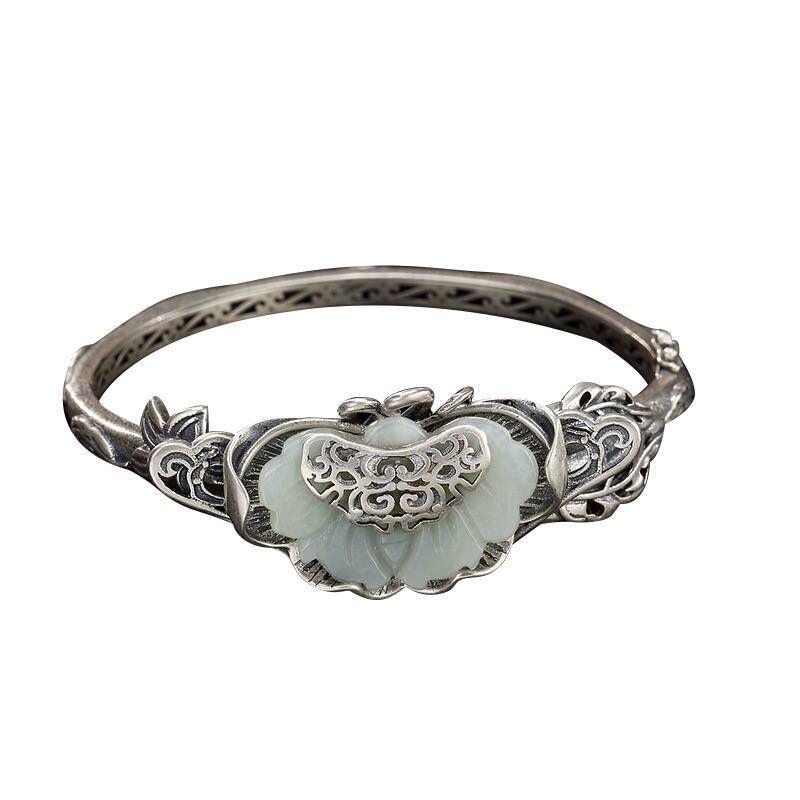 Brățară deschisă originală de designer, nouă și veche, lucrată manual, cu fluture incrustat cu jad Hetian Ruyi, bijuterii retro pentru doamne