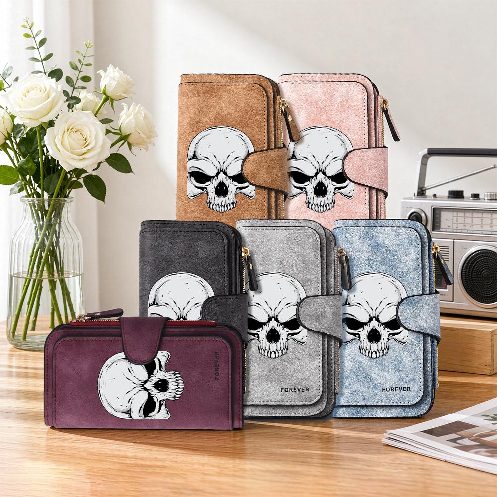 Gothic Skull Print Long Wallet for Men Women, Cool Dark Style Card Holder Zipper Purse