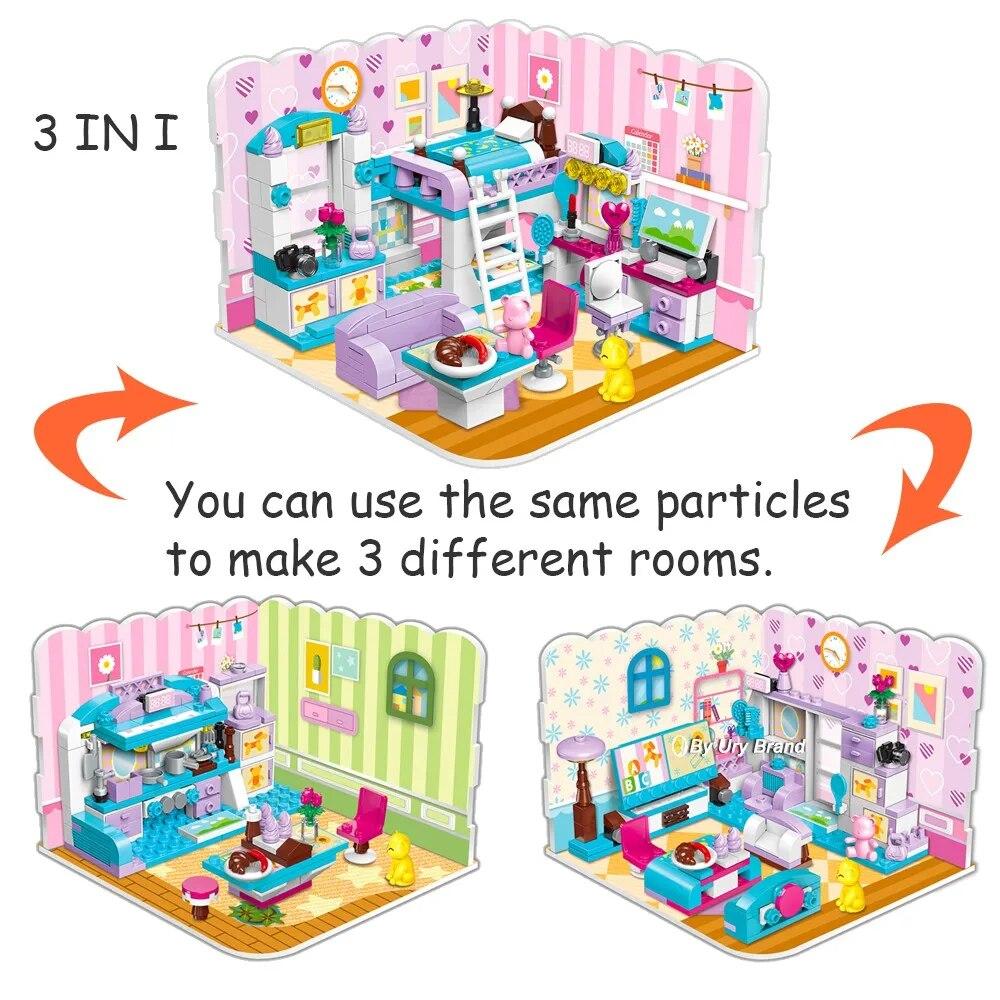 3v1 Girls Friends Morden Princess Dětské hřiště Designér Set Ložnice Castle House Ložnice DIY Stavebnice Hračky pro děti Vánoční dárky