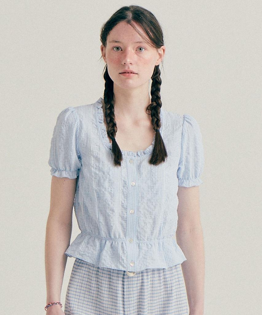BENSIMON Check Pattern Frill Blouse - Sky Blue