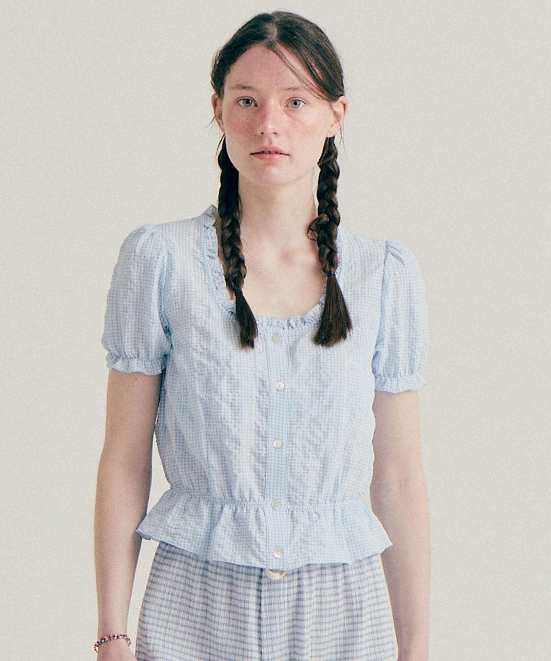 Bensimon Check Pattern Frill Blouse - Sky Blue Sky Blue/Free