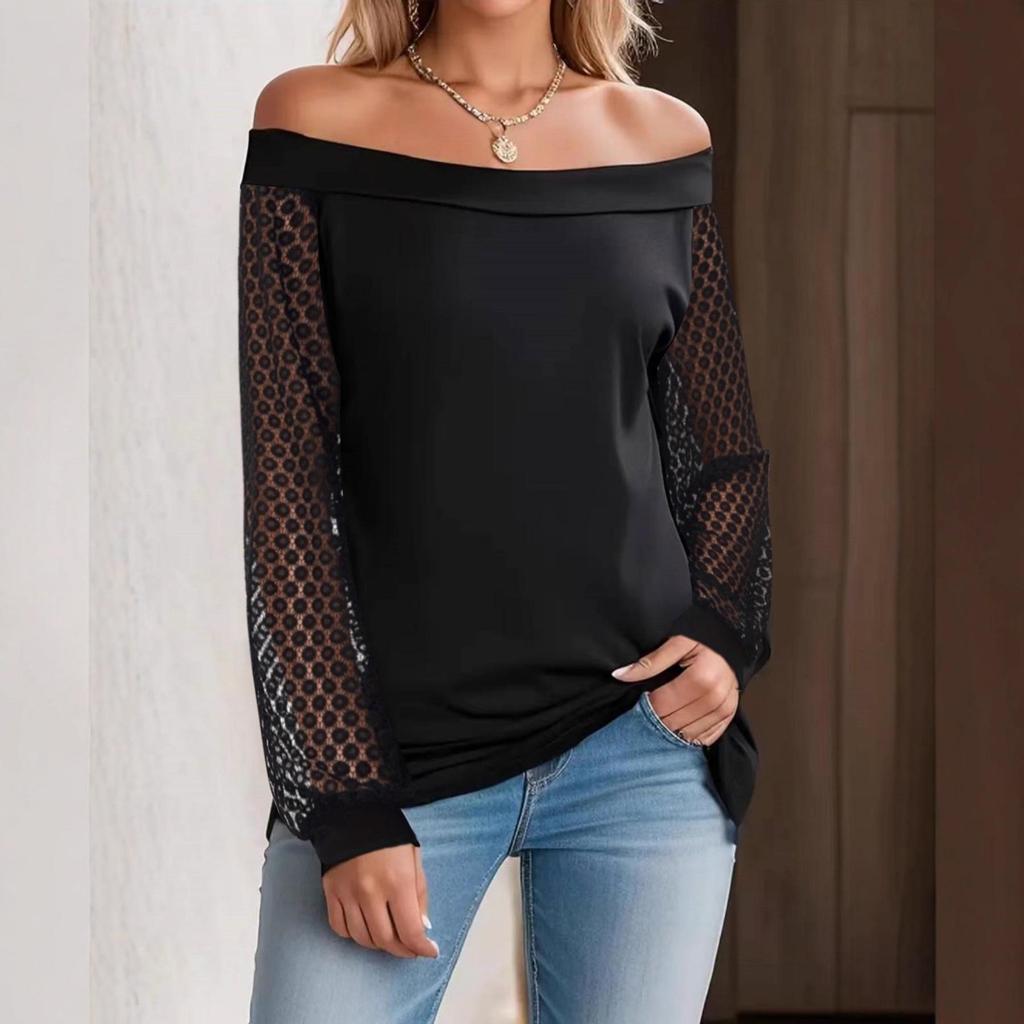 Spring/Summer 2026 Solid Color French Lace Patchwork Lantern Sleeve Crossover Women's T-Shirt