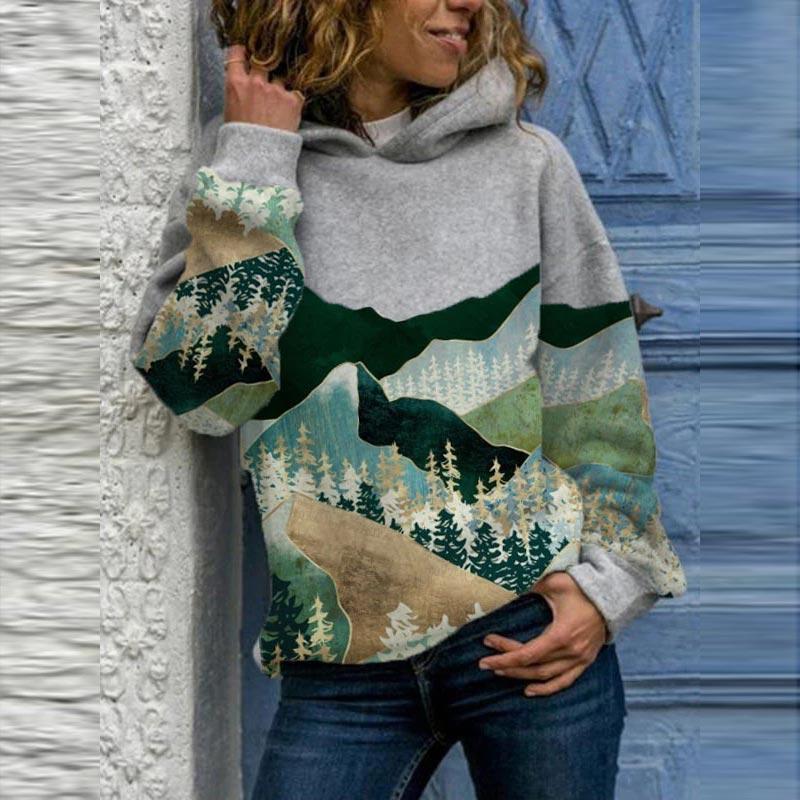 Felpe con cappuccio vintage Harajuku da donna, eleganti, con stampa di montagna, felpe larghe, tute casual primaverili, pullover oversize