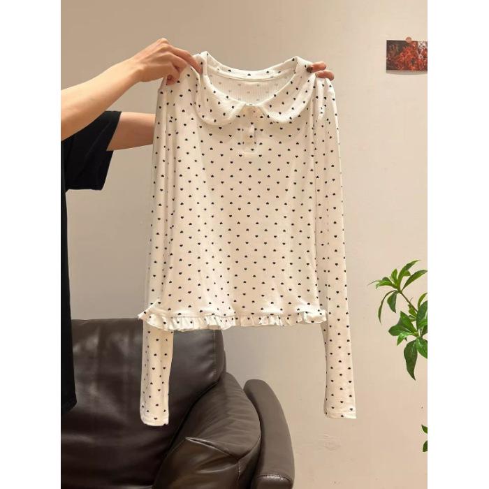 Women s White Heart-Pattern Lace Collar Winter Slim Long Sleeve T-shirt Medium белый