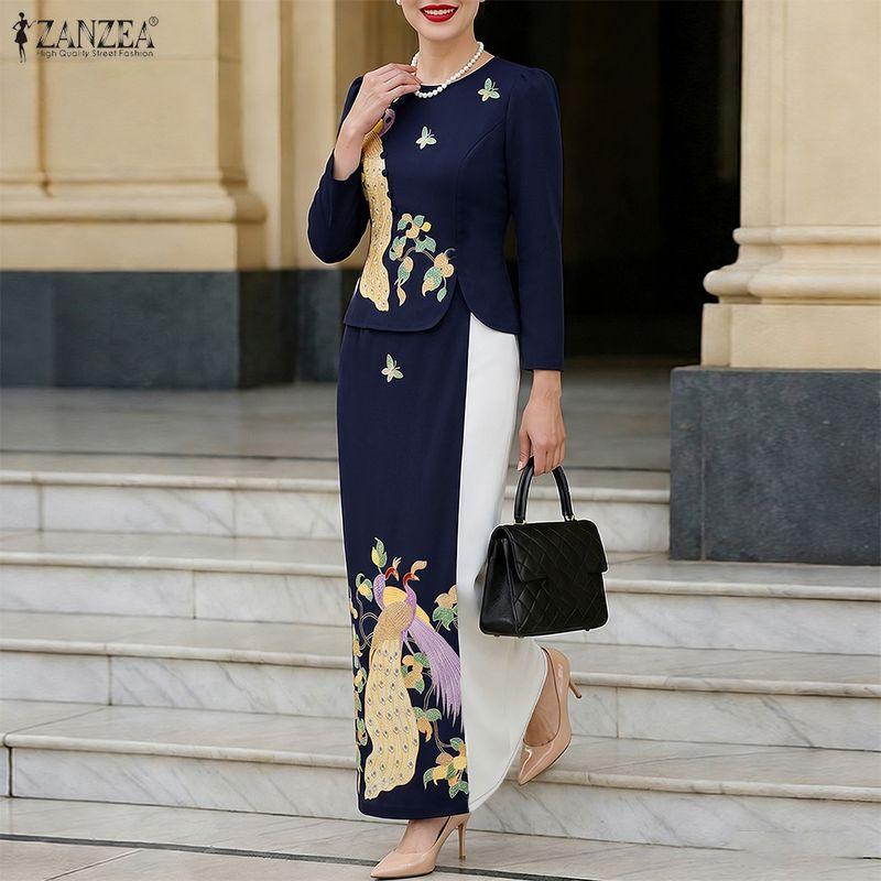 ZANZEA Women 3/4 Sleeve Blouse and Long Skirts Elegant Casual Two Piece Sets
