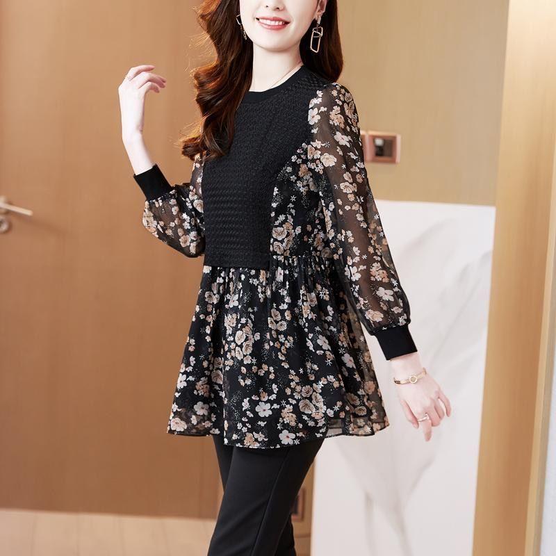 Damenbekleidung Gebrochene Blumen Midi-Hemd Bedruckt 2023 Frühling Herbst Langarm Pendeln Patchwork Stilvoll O-Ausschnitt Locker Bluse