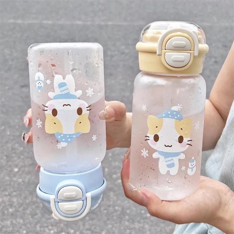 500ML Cute Cat Water Bottle With Lid Simple Straw Portable Plastic Cup For Kids Outdoor School Travel Drinking Water Bottles