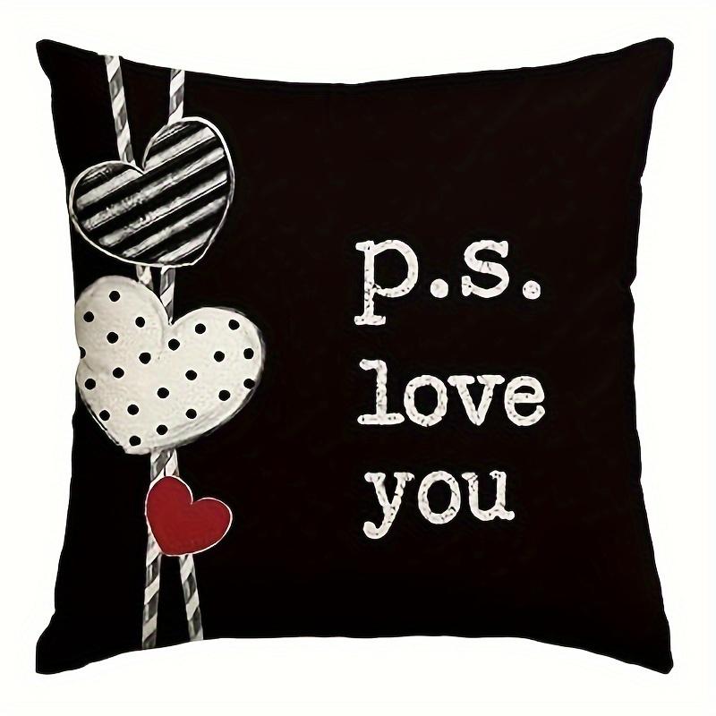 Home Decor Heart Patterns: P.S. Love You &amp; Be Mine Pattern Cushion Cover Suitable For Sofa Bedroom Car Pillow Cover