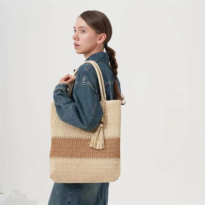 

Shoulder casual straw bag woven bag versatile seaside travel beach large capacity tote bag women portable welt zipper