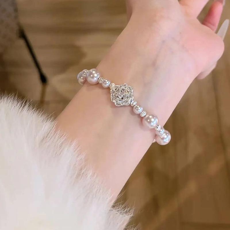 Exquisite French-Style Beaded Zircon & Pearl Flower Bracelet