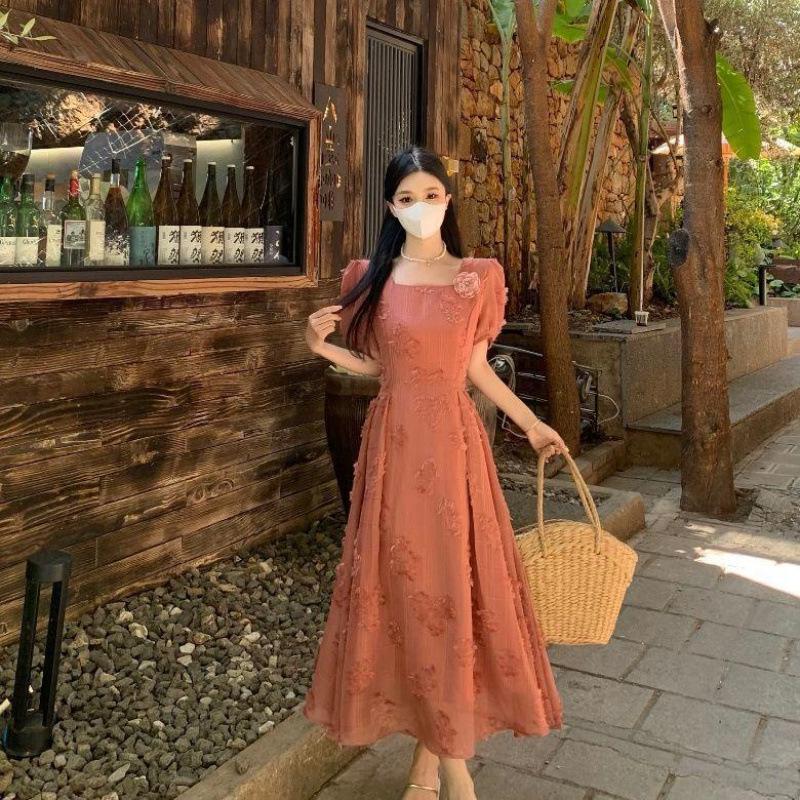 Plus Size French Retro Floral Square Neck Summer Dress M (90-105 jin)