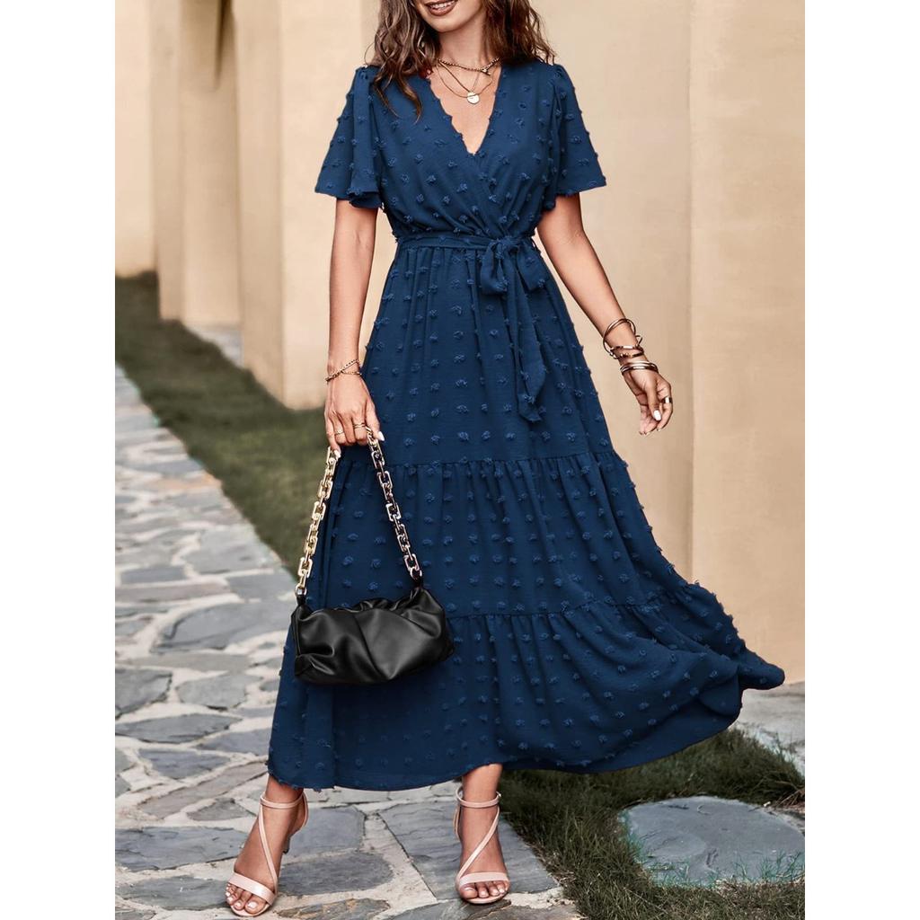 New Boho Swiss Dot Maxi Dress for Women, V Neck Flowy Short Sleeve Tie Waist A Line Long Dress
