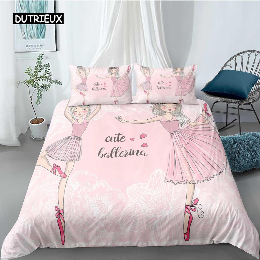 Set de cuvertură de pilota pentru fete de balet King Size Pink Set de lenjerie de pat Balerini minunați Copii Fete Husă de pilota din poliester moale prințesă