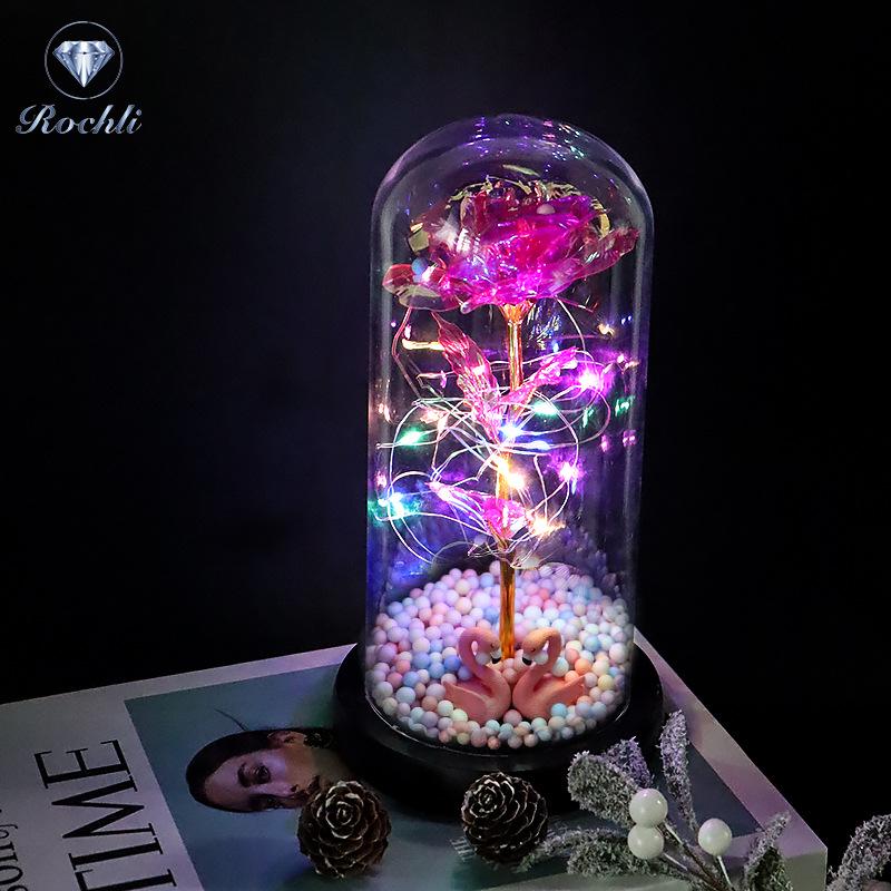 Rose Flower Preserved in Glass Dome with Night Light - Mother's Day or Birthday Gift Ornament