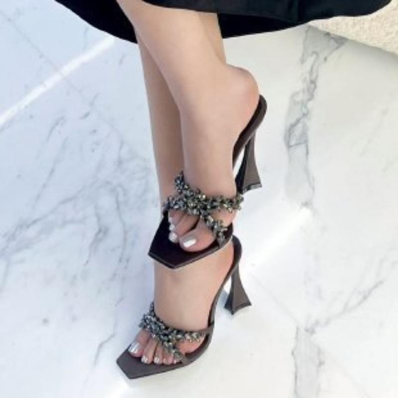 

Large size spring new high-heeled women s shoes square head cross rhinestone silk cool tray shoes thin high-heeled temperament 43