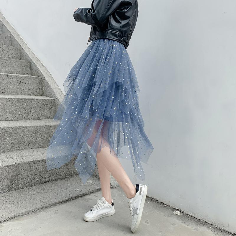 

DX~~Сетчатая полуюбка со звездами, женская осенняя новая пышная юбка с высокой талией, длинная юбка до середины тела, юбка-тортик, трендовая марлевая юбка S синий