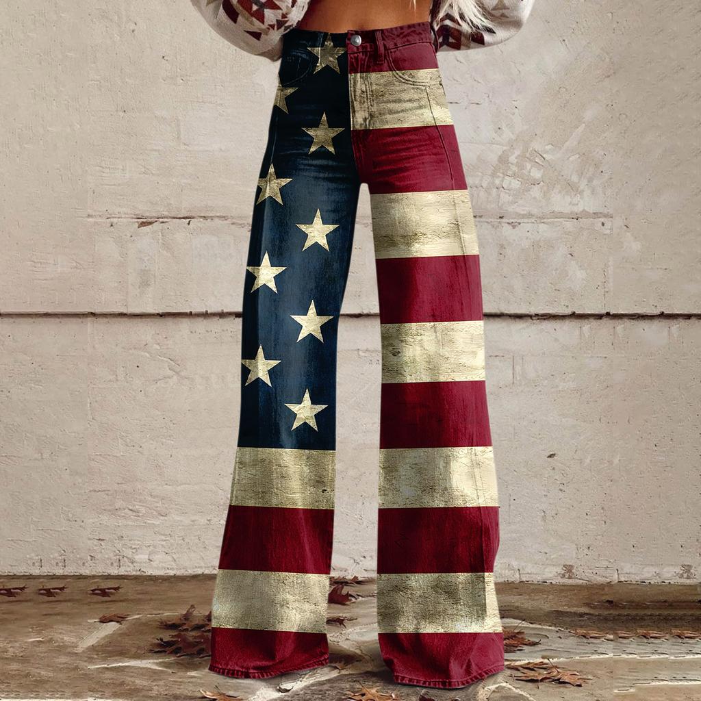 Wide Leg Flare Jeans For Women With Pockets Baggy Pants Vintage Floral Print High Waisted Loose Pant
