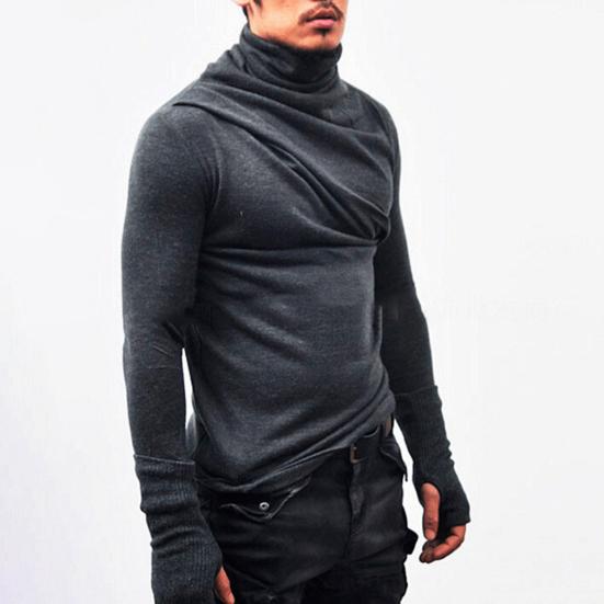 Spring Autumn Men Top Neck Protection High Collar Slim Fit Stretchy Pleated Long Sleeves Pullover
