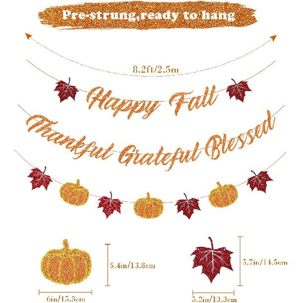 Fall Decorations Home Thanksgiving decor - Happy Fall and Blessed Grateful Thankful Banner with Pumpkin Maple Leaves Sign Garland Banner(Pre-Strung)