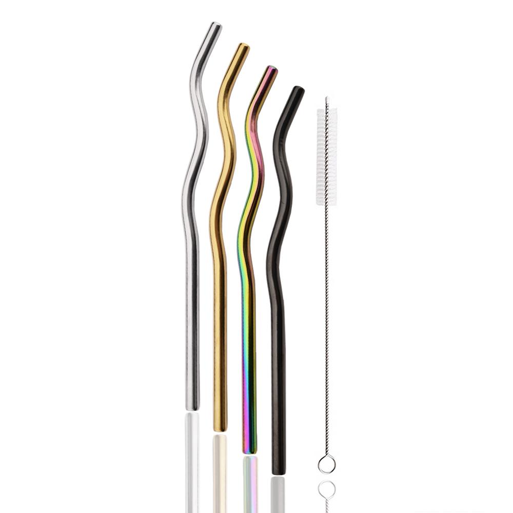 8*235mm Wave Reusable Coloful Straw Set 304 Stainless Steel Straw Bent Drinking Straw With Cleaning Brush Home Bar Accessory