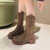Fashion Embroidery V-Mouth Middle Calf Boots Autumn Chunky Heel Platform Women's Shoes Western Cowboy Western Cowboy Boots for Women