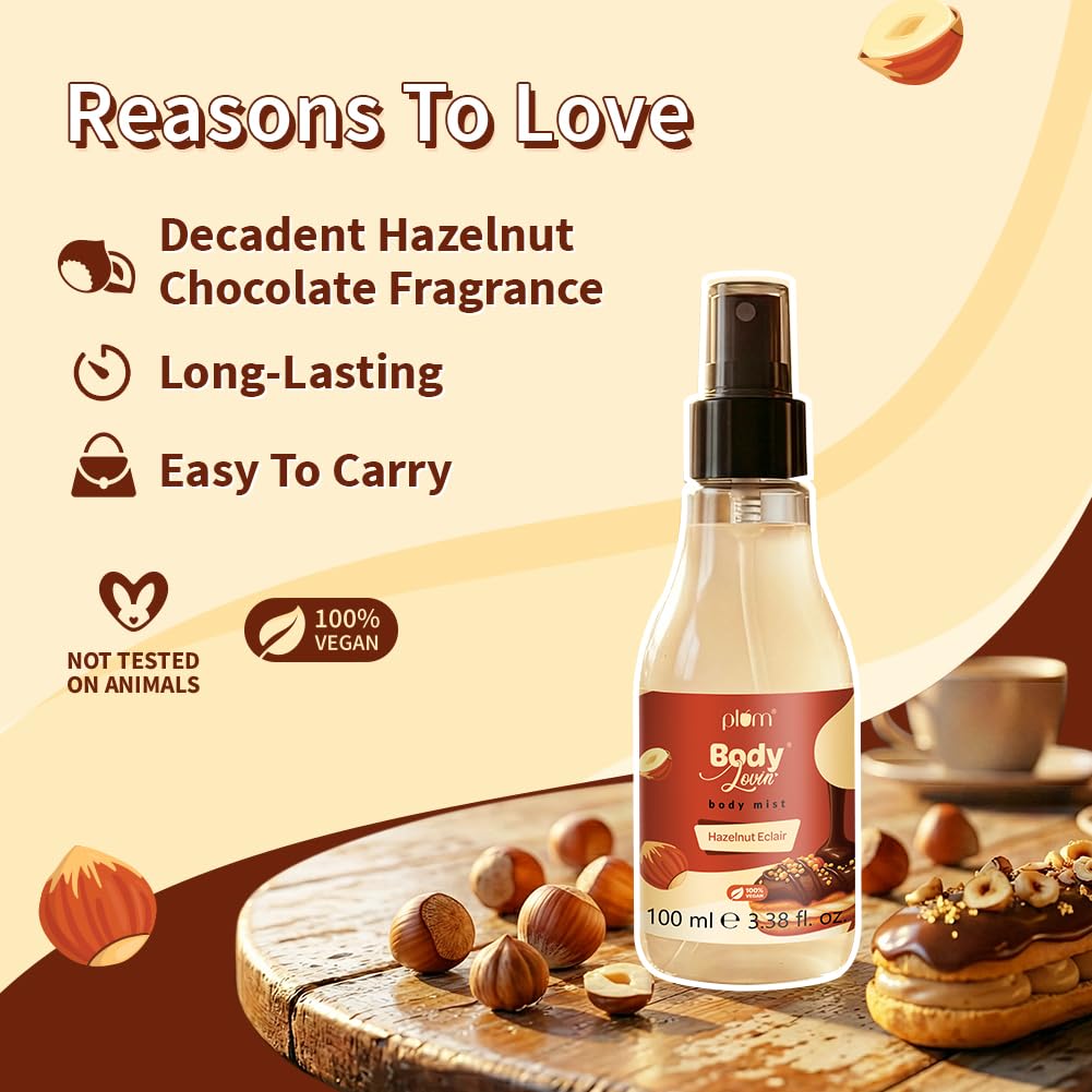Plum Bodylovin' Hazelnut Eclair Body Mist 100ml Pack of 1 | Long-Lasting Sweet Chocolate Vanilla Fragrance