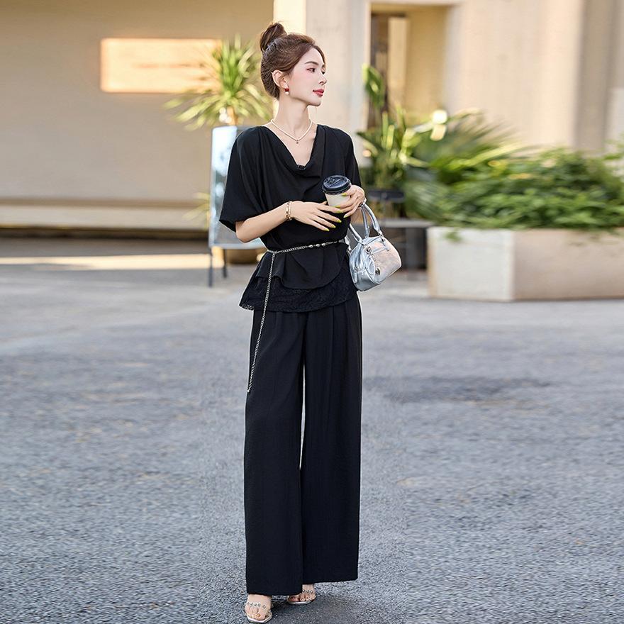 Summer new design sense fashionable lace splicing pile collar top wide leg pants suit women