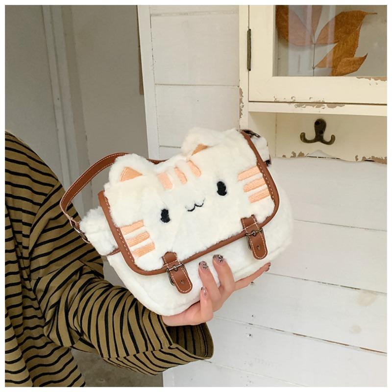 Cute Cat Face Plush Shoulder Messenger Bag For Girl Lovely Beautiful Cartoon Handbag Crossbody Bags