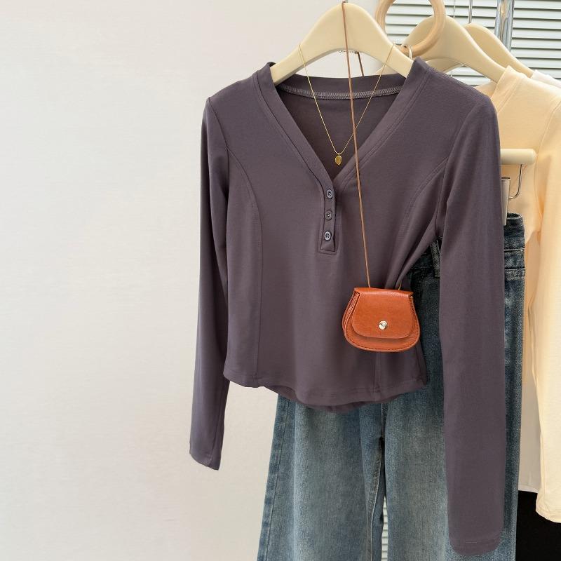 Real shot short long-sleeved T-shirt women's morning slim-fitting inner bottoming shirt collar sweet spice top